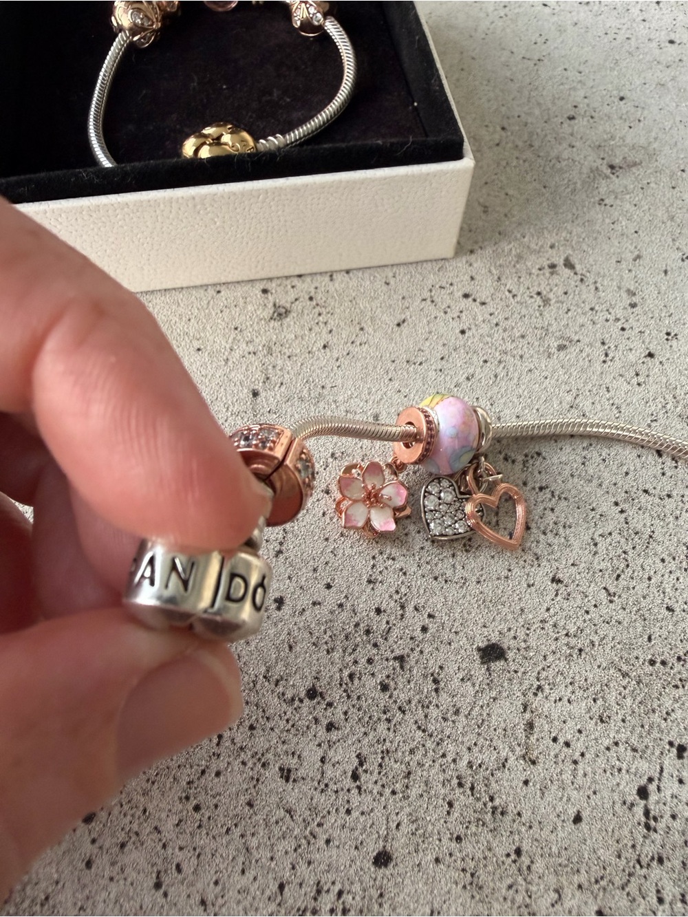 2 Pandora Two-Tone Charm Bracelets with Rose Gold Floral Charms & Gold Bee - Picture 10 of 15